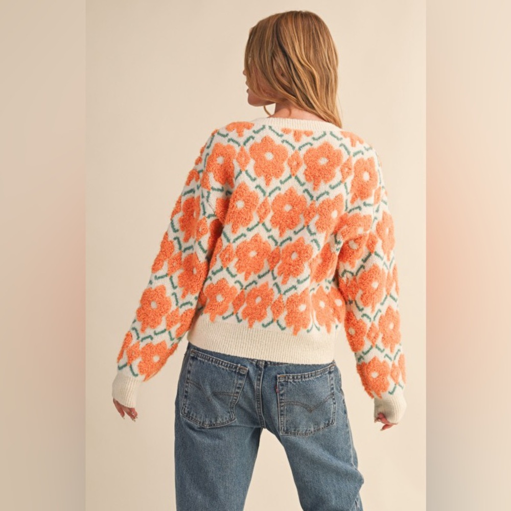 Orange fuchsia Sherpa floral flower print embroidered bohemian oversized sweater - Picture 4 of 6